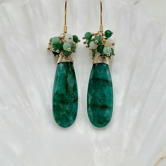 Natural Faceted Emerald Cluster Earrings - Picture 5 of 8